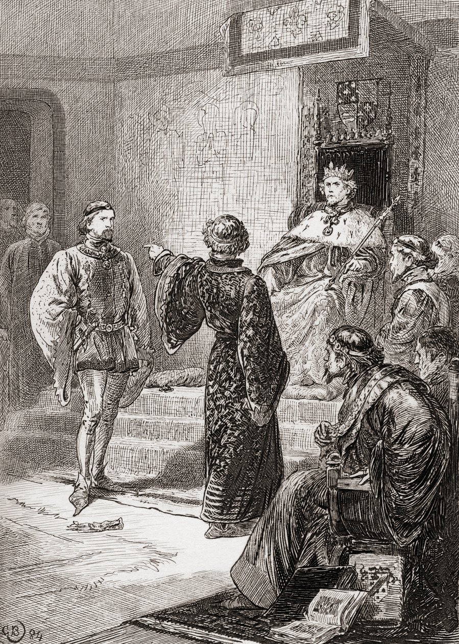 En scen ur William Shakespeares King Richard II, akt 1, scen 1, Bolingbroke: Blek, darrande fegis, där kastar jag min gage, från The Works of William Shakespeare, publicerad 1896. av Gordon Frederick Browne