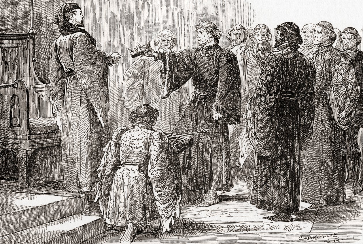 En scen från William Shakespeares Kung Richard II, akt IV, scen 1, Kung Richard: Här, kusin, ta kronan, från The Works of William Shakespeare, publicerad 1896. av Gordon Frederick Browne