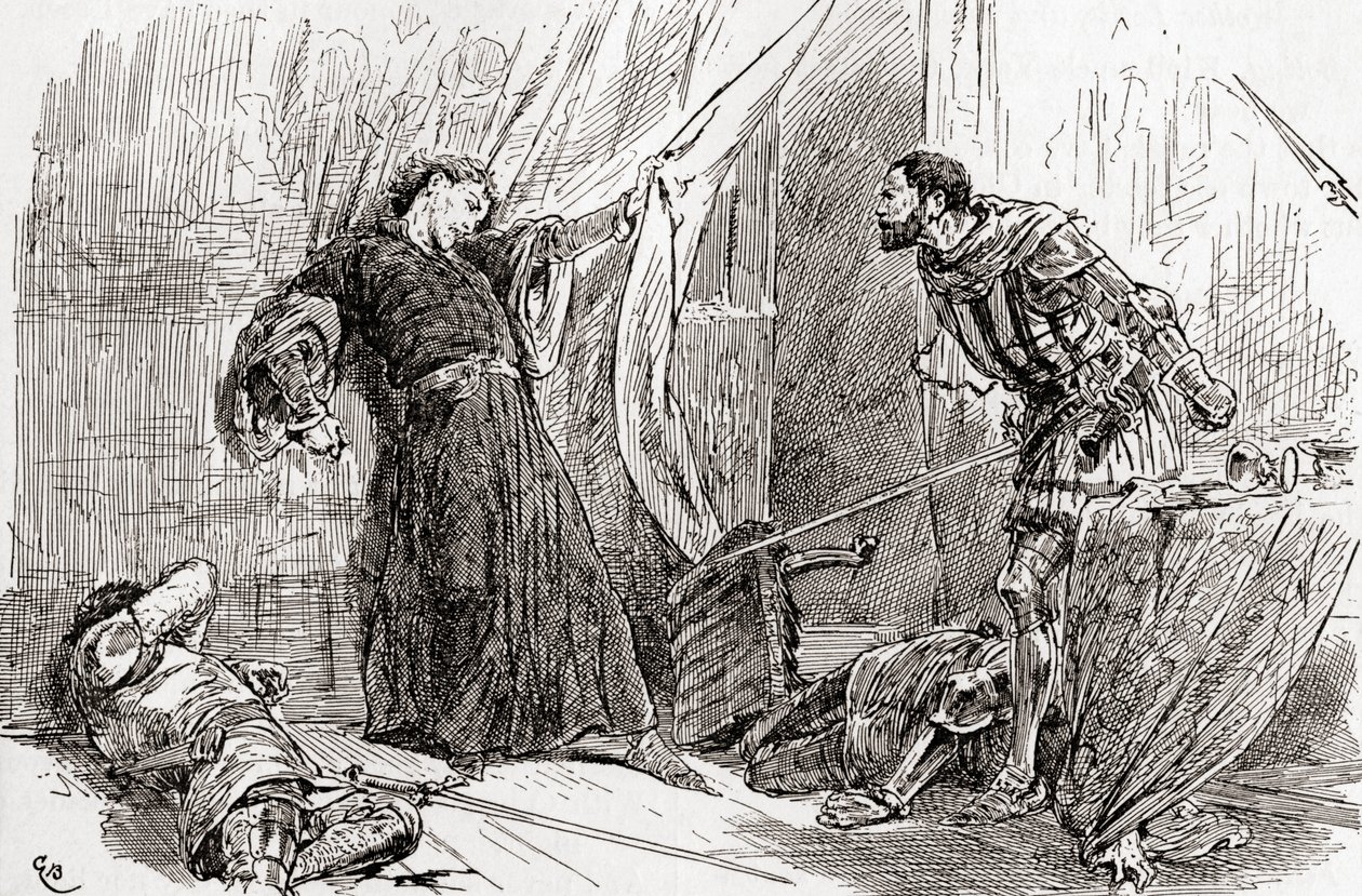 En scen från William Shakespeares King Richard II, Act V, Scene 5, King Richard: Exton, thy fierce hand hath with the kings blood staind the kings own land, from The Works of William Shakespeare, publ av Gordon Frederick Browne