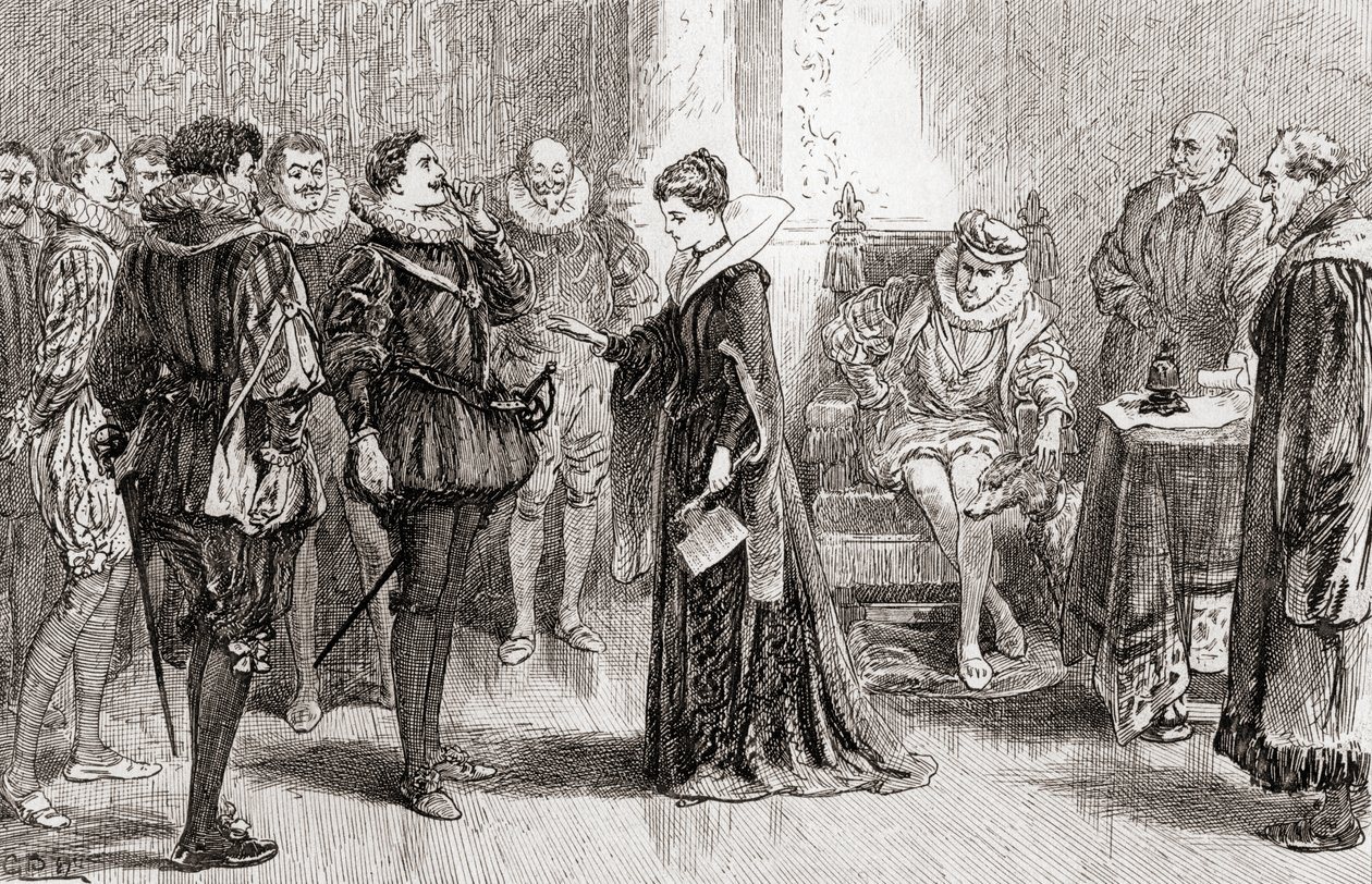 En scen från William Shakespeares pjäs Alls Well That Ends Well, akt II, scen 3, Helena till Bertram: Detta är mannen, från The Works of William Shakespeare, publicerad 1896. av Gordon Frederick Browne