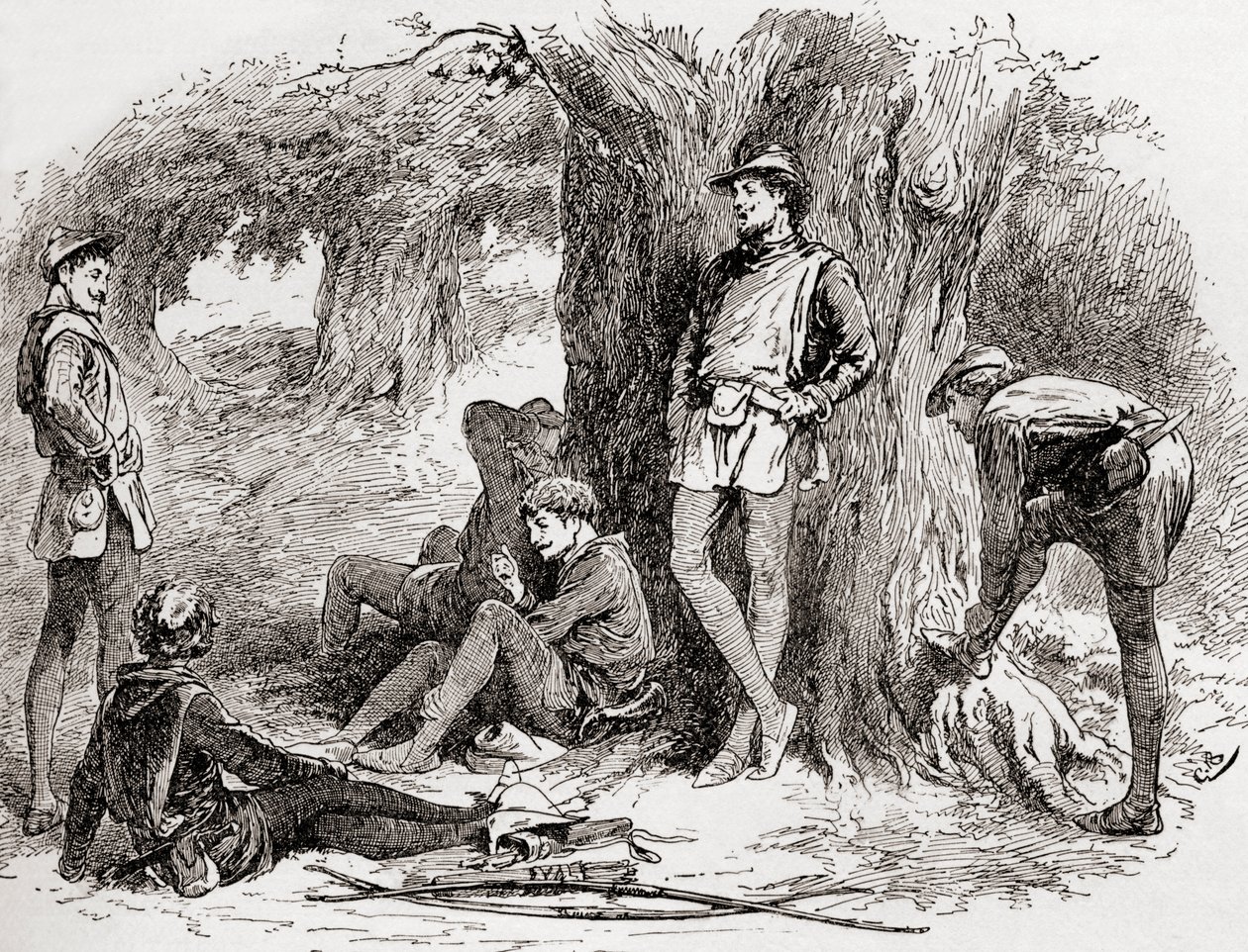En scen från William Shakespeares pjäs As You Like It, akt II, scen 5, Amiens: Under det gröna trädet som älskar att ligga med mig, och vända sin glada ton till de söta fåglarnas hals. Kom hit, kom av Gordon Frederick Browne