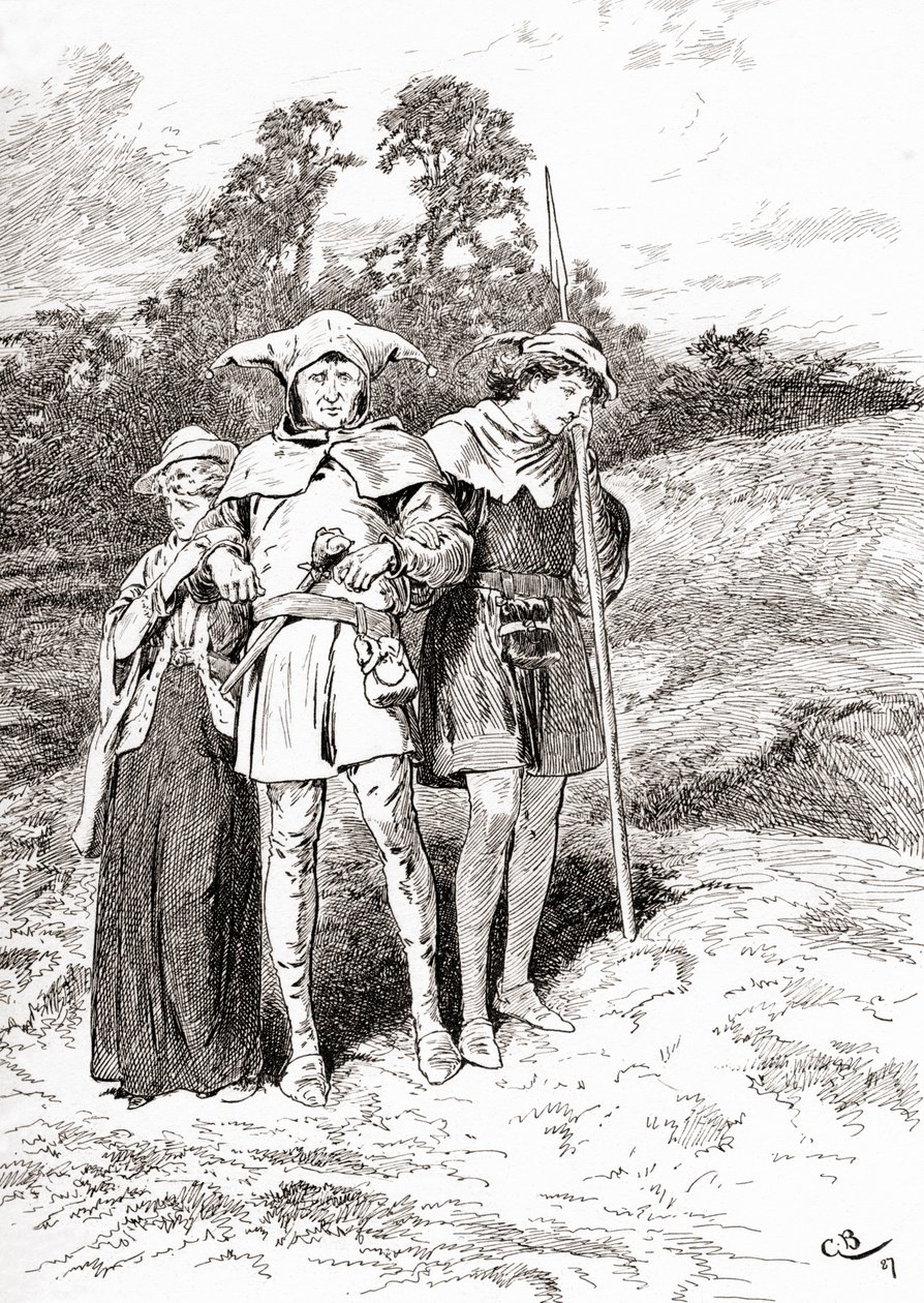 En scen ur William Shakespeares pjäs As You Like It. Andra akten, fjärde scenen, Touchstone: Ja, nu är jag i Arden, desto dåraktigare är jag, från The Works of William Shakespeare, utgiven 1896. av Gordon Frederick Browne