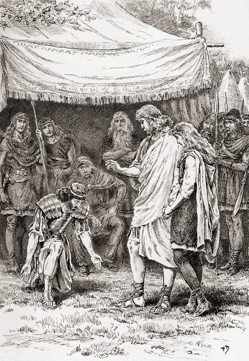 En scen ur William Shakespeares pjäs Cymbeline, akt V, scen 5, Posthumus Leonatus: Knäböj inte för mig. Den makt som jag har över dig är att skona dig, från The Works of William Shakespeare, publicerad 18 av Gordon Frederick Browne