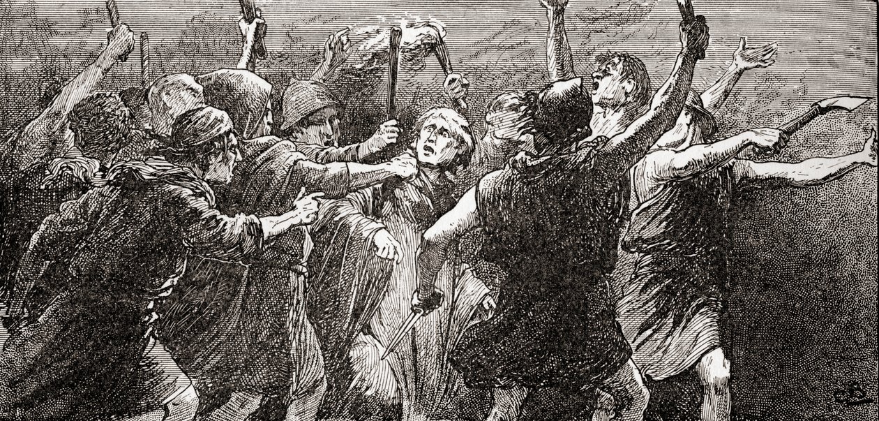 En scen från William Shakespeares pjäs Julius Caesar, akt III, scen 3, tredje medborgaren: Riv honom, riv honom, från William Shakespeares verk, publicerat 1896. av Gordon Frederick Browne