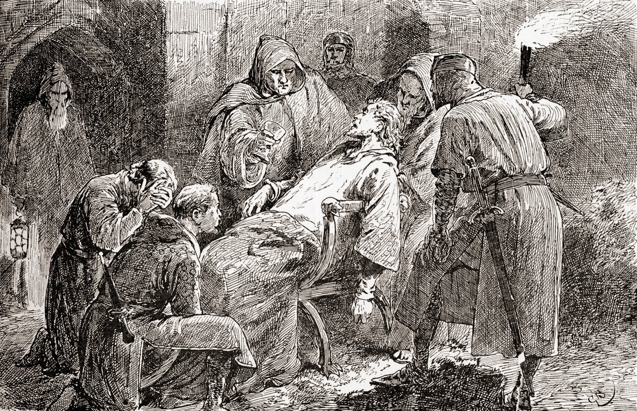 En scen från William Shakespeares pjäs King John, akt V, scen 7, King John: Poisond, ill fare, dead, forsook, cast off, från The Works of William Shakespeare, publicerad 1896. av Gordon Frederick Browne