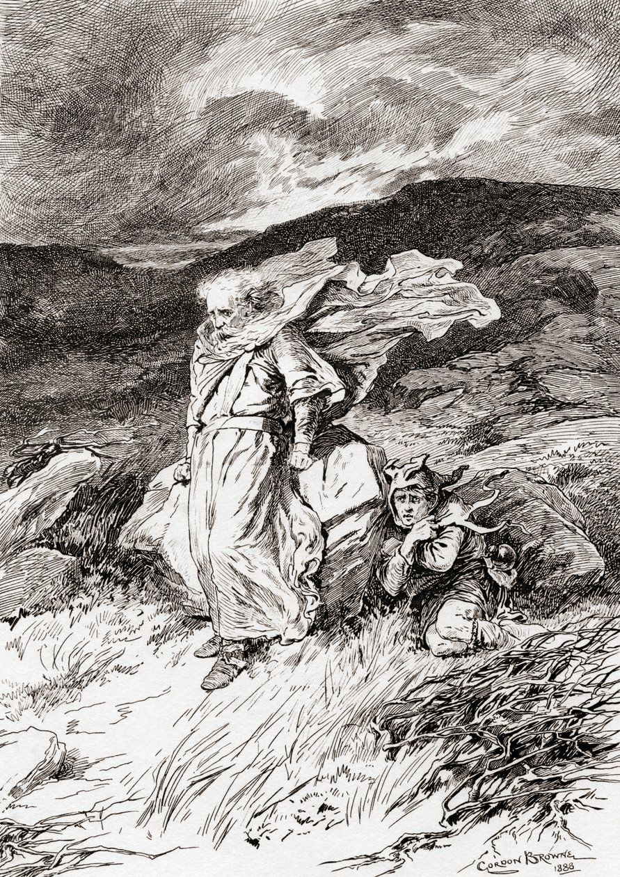 En scen ur William Shakespeares pjäs Kung Lear, akt III, scen 2, Lear: Nej, jag ska vara ett mönster av tålamod, jag ska inte säga något, från The Works of William Shakespeare, publicerad 1896 (graverad av av Gordon Frederick Browne