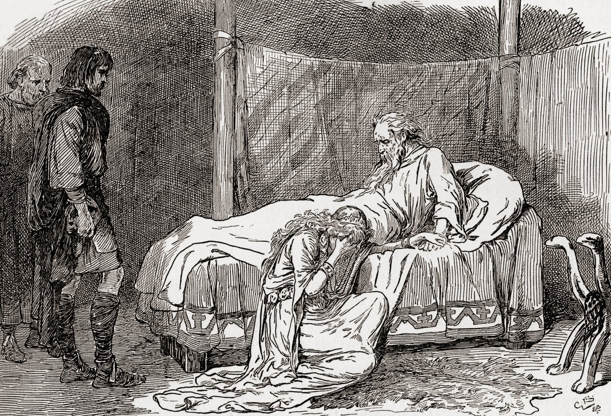 En scen ur William Shakespeares pjäs Kung Lear, akt IV, scen 7, Lear: Jag ber dig, gråt inte. Om du har gift till mig, så ska jag dricka det. Jag vet att du inte älskar mig, för dina systrar har, som jag minns, gjort det. av Gordon Frederick Browne