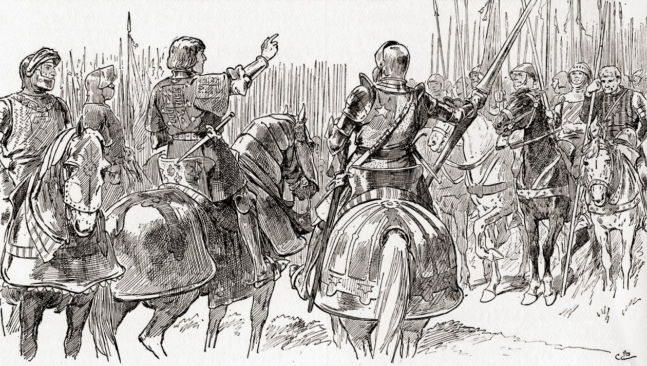 En scen ur William Shakespeares pjäs King Richard III, akt V, scen 2, Richmond: Jag har en stor del av min familj och mina mest älskvärda vänner, som har blivit krossade under tyranniets ok, från The Works of William Shakesp. av Gordon Frederick Browne