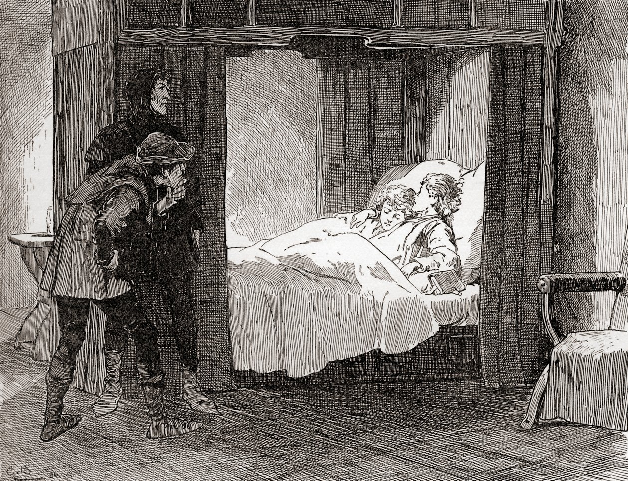 En scen ur William Shakespeares pjäs King Richard III, akt IV, scen 3, Tyrrell: Så, sa Dighton, lägg dina milda barn - Så, så, sa Forrest, omgärda varandra i sina alabasterskarvar. av Gordon Frederick Browne