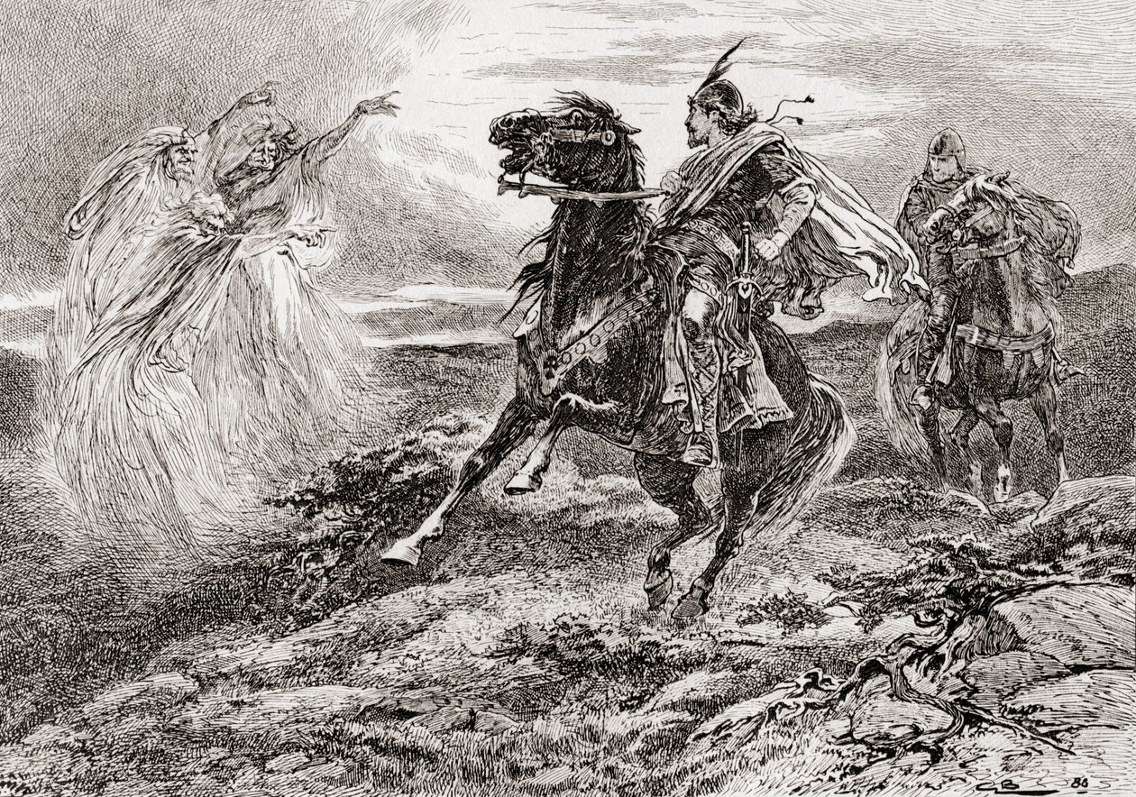 En scen från William Shakespeares pjäs Macbeth, akt I, scen 3, första häxan: Alla hälsar, Macbeth! hälsar dig, thane av Glamis, från The Works of William Shakespeare, publicerad 1896. av Gordon Frederick Browne