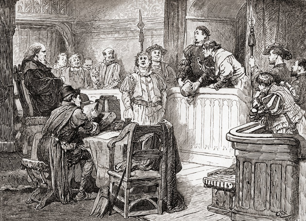 En scen från William Shakespeares pjäs Measure for Measure, akt II, scen 1, Pompey Bum: Ur The Works of William Shakespeare, publicerad 1896. av Gordon Frederick Browne
