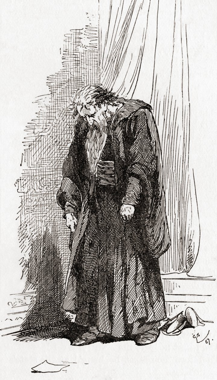 En scen från William Shakespeares pjäs Köpmannen i Venedig, akt IV, scen 1, Shylock: Jag ber er, ge mig tillåtelse att gå härifrån. Jag mår inte bra, ur William Shakespeares verk, publicerat 1896 (e av Gordon Frederick Browne