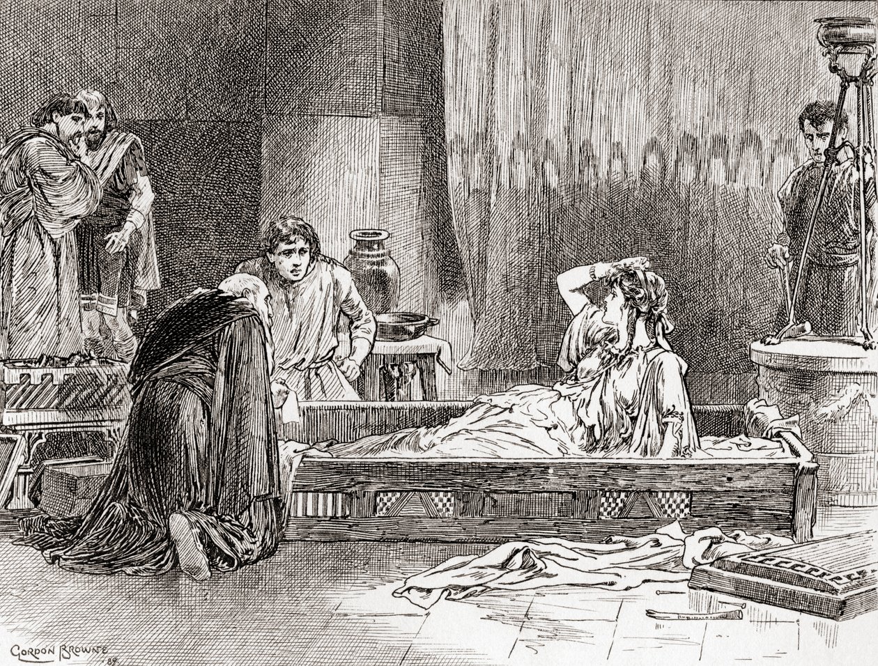 En scen ur William Shakespeares pjäs Perikles, prins av Tyrus, akt III, scen 2, Thaisa: O, kära Diana, var är jag? Var är min herre? Vilken värld är det här?", ur William Shakespeares verk, publicerat av av Gordon Frederick Browne