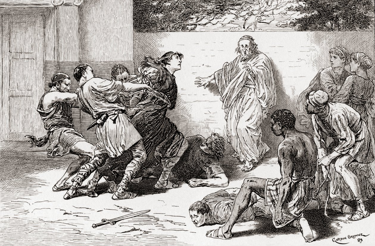 En scen ur William Shakespeares pjäs The Comedy of Errors, Akt V, Scene 4, Adriana: O, bind honom, bind honom, låt honom inte komma nära mig. Pinch: Mer sällskap, djävulen är stark inom honom, från Ordet av Gordon Frederick Browne