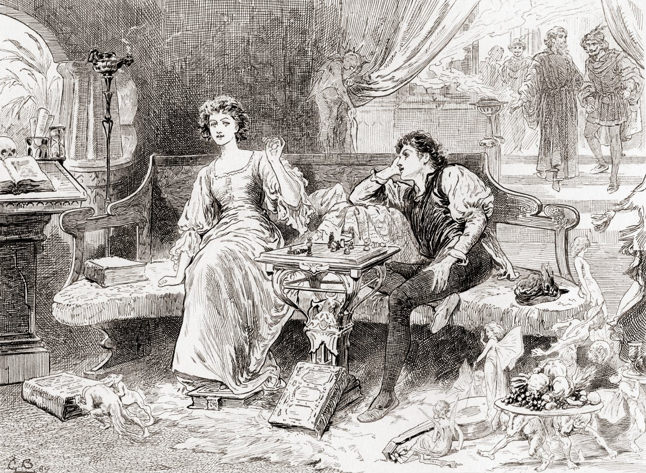 En scen ur William Shakespeares pjäs Stormen, akt V, scen 1, Miranda: Sweet Lord, you play me false, från The Works of William Shakespeare, publicerad 1896. av Gordon Frederick Browne