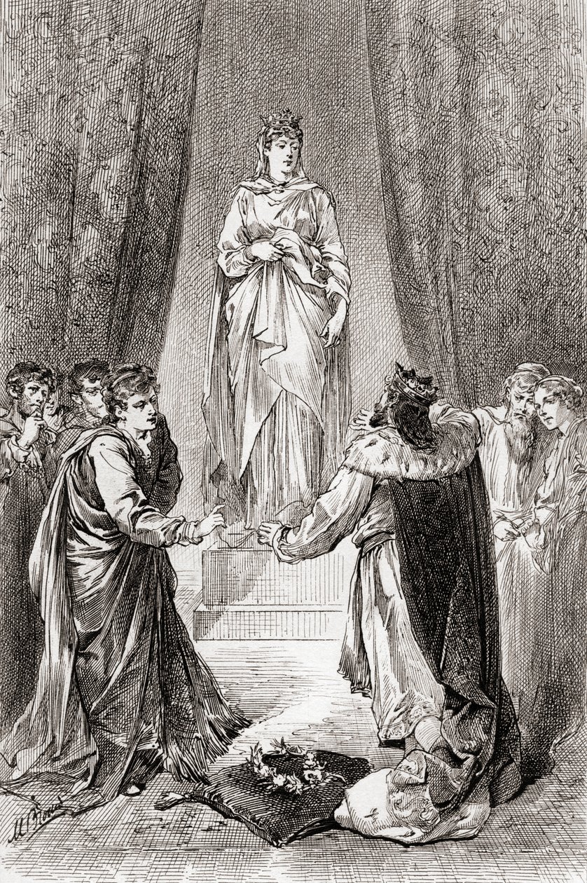 En scen från William Shakespeares pjäs The Winters Tale, akt V, scen 3, Leontes: Låt ingen håna mig, för jag ska kyssa henne, från The Works of William Shakespeare, publicerad 1896. av Gordon Frederick Browne