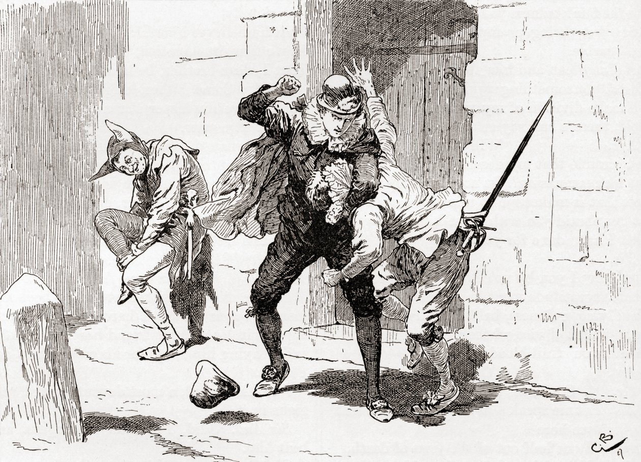 En scen från William Shakespeares pjäs Twelfth Night Act IV, Scene 1, Sebastian (slår Sir Andrew): från The Works of William Shakespeare, publicerad 1896. av Gordon Frederick Browne