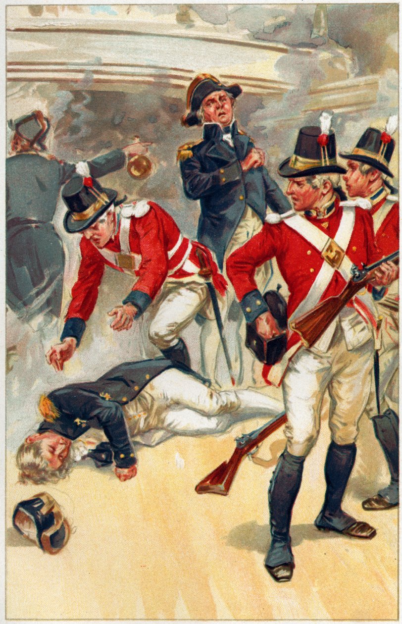 "Nelson blev slagen av ett skott från riggen", illustration från "Heroes und Heroines of English History" av Alice S. Hoffman av Gordon Frederick Browne