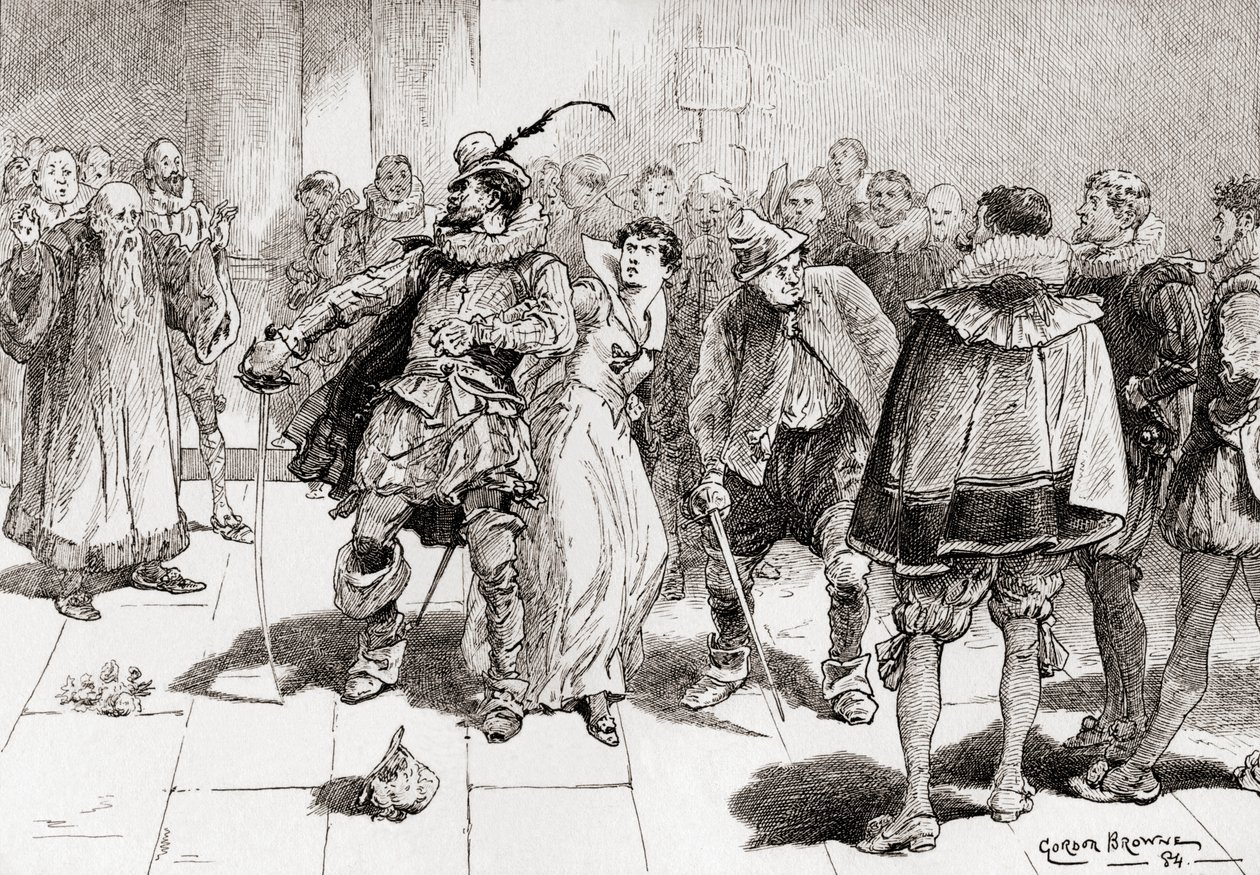 Petruchio: Frukta inte, söta flicka, de ska inte röra dig Kate, jag ska skydda dig mot en miljon, Scen från William Shakespeares pjäs Skuggans tämjande, akt III, scen 2, från The Works of av Gordon Frederick Browne