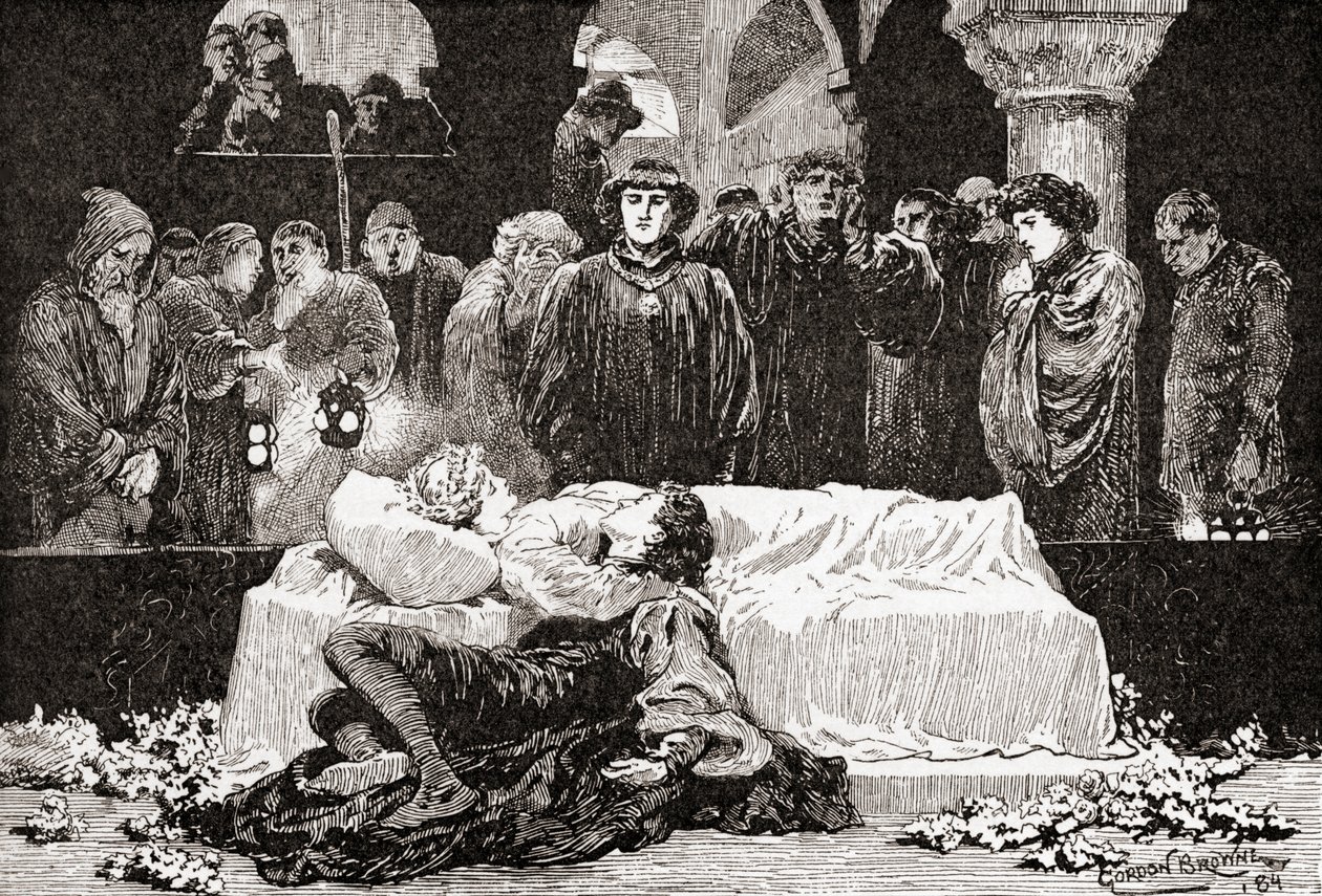 Prins: En scen från William Shakespeares pjäs Romeo och Julia, akt V, scen 3, från William Shakespeares verk, publicerad 1 av Gordon Frederick Browne