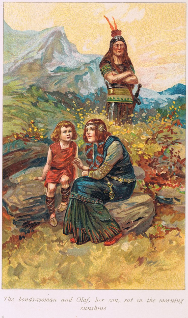 Bondkvinnan och Olaf, hennes son, satt i morgonsolen, illustration från "The Book of Sagas" av Alice S. Hoffman, publicerad 1926 av Gordon Frederick Browne