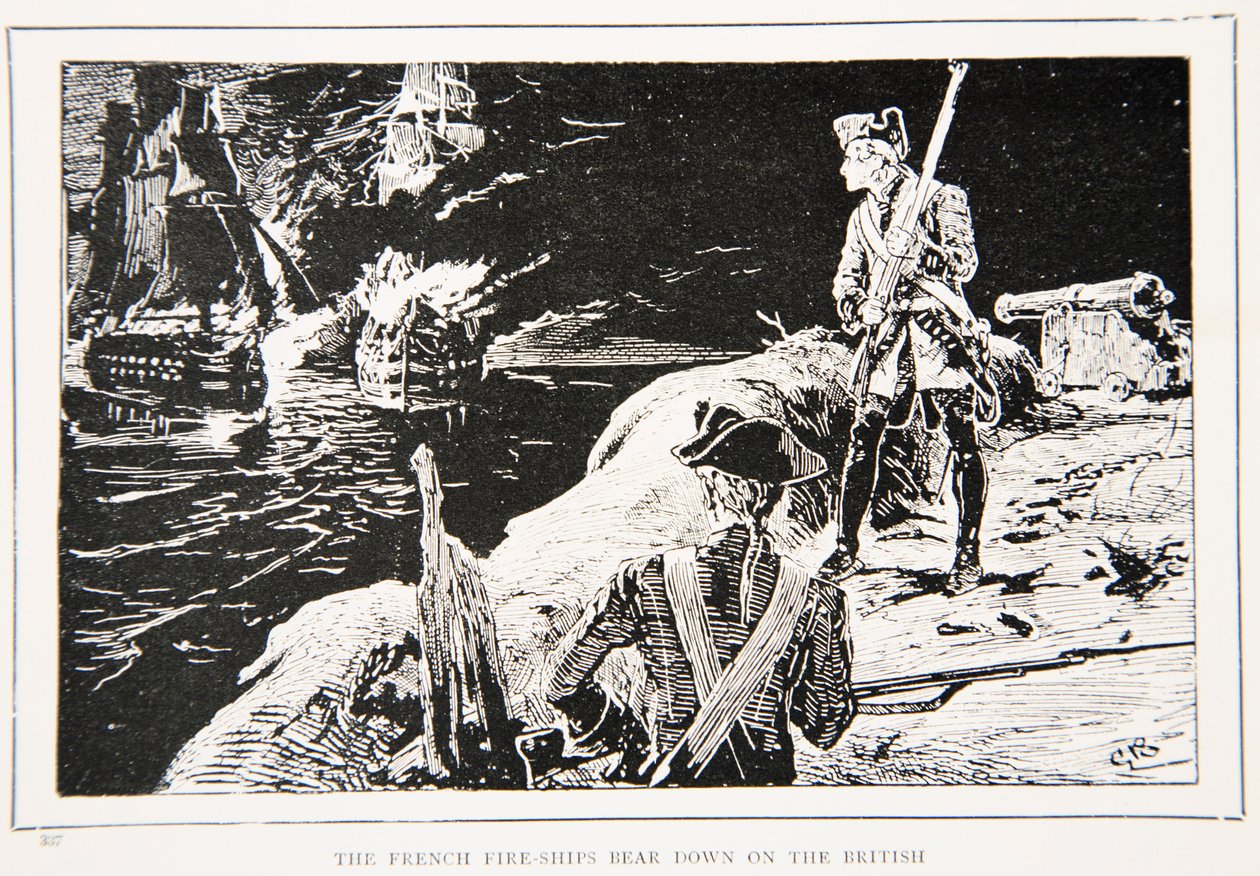 De franska eldskeppen slår ner på britterna, en illustration från "With Wolfe in Canada, or The Winning of a Continent" av G.A. Henty, pub. Blackie and Son Ltd, 1887 av Gordon Frederick Browne
