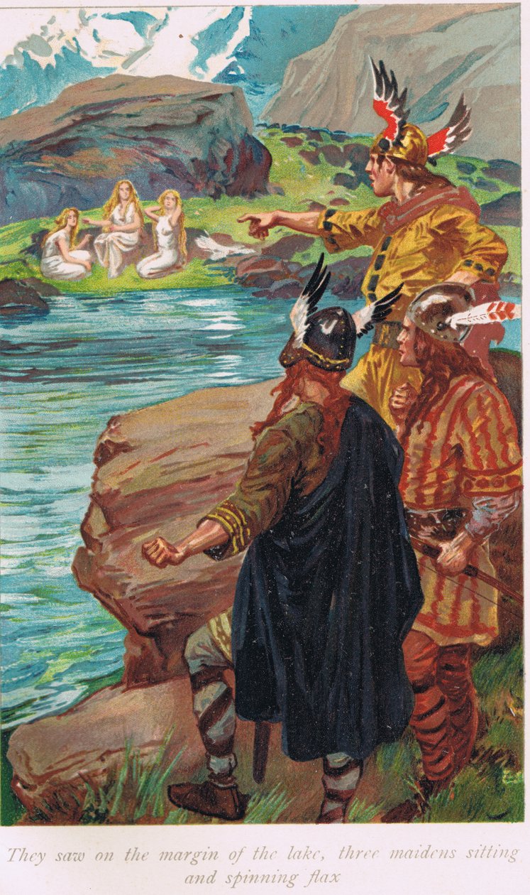 De såg i utkanten av sjön tre jungfrur som satt och snurrade lin, illustration från "The Book of Sagas" av Alice S. Hoffman, publicerad 1926 av Gordon Frederick Browne