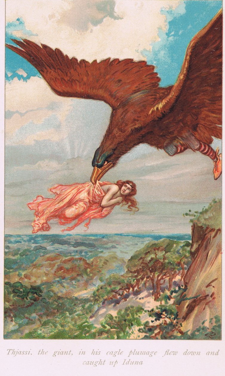 Thjassi, jätten i sin örnfjäderdräkt, flög ner och hann ikapp Iduna, illustration från "The Book of Sagas" av Alice S. Hoffman, publicerad 1926 av Gordon Frederick Browne