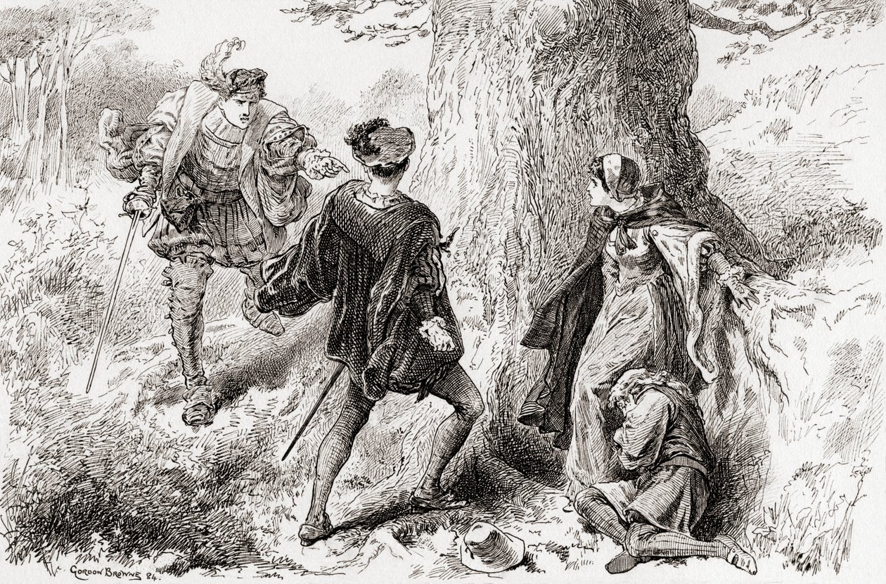 Valentin: En scen ur Shakespeares De två herrarna i Verona, akt V, scen 4, från William Shakespeares verk, publicerad 1896. av Gordon Frederick Browne