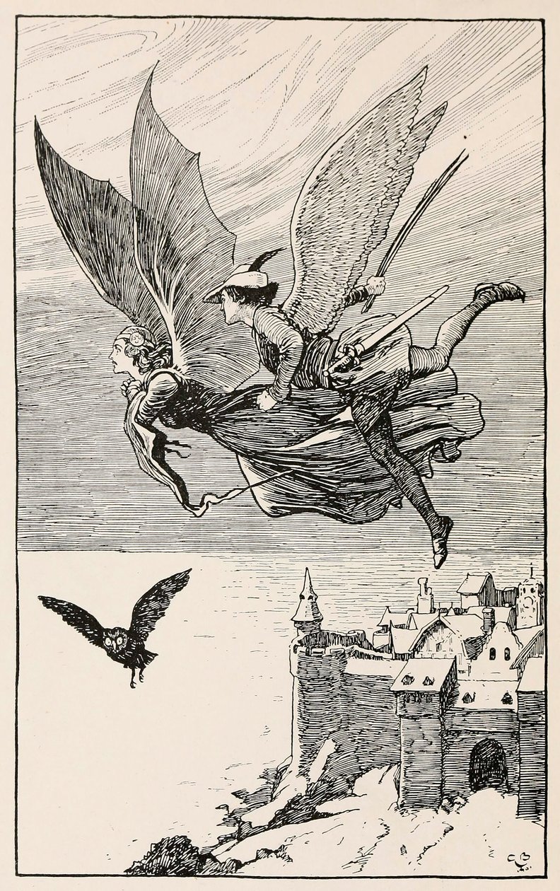 Reskamraten flög bakom henne, från Fairy Tales from Hans Anderson, pub 1919. av Gordon Browne