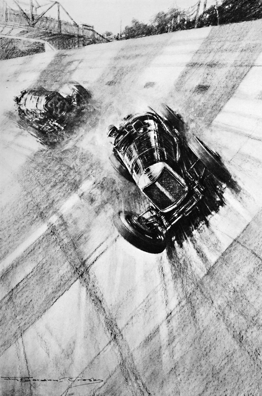 Whitney Straight Maserati vid Members Bridge-svängen, Brooklands, 1933, 1937 av Gordon Crosby