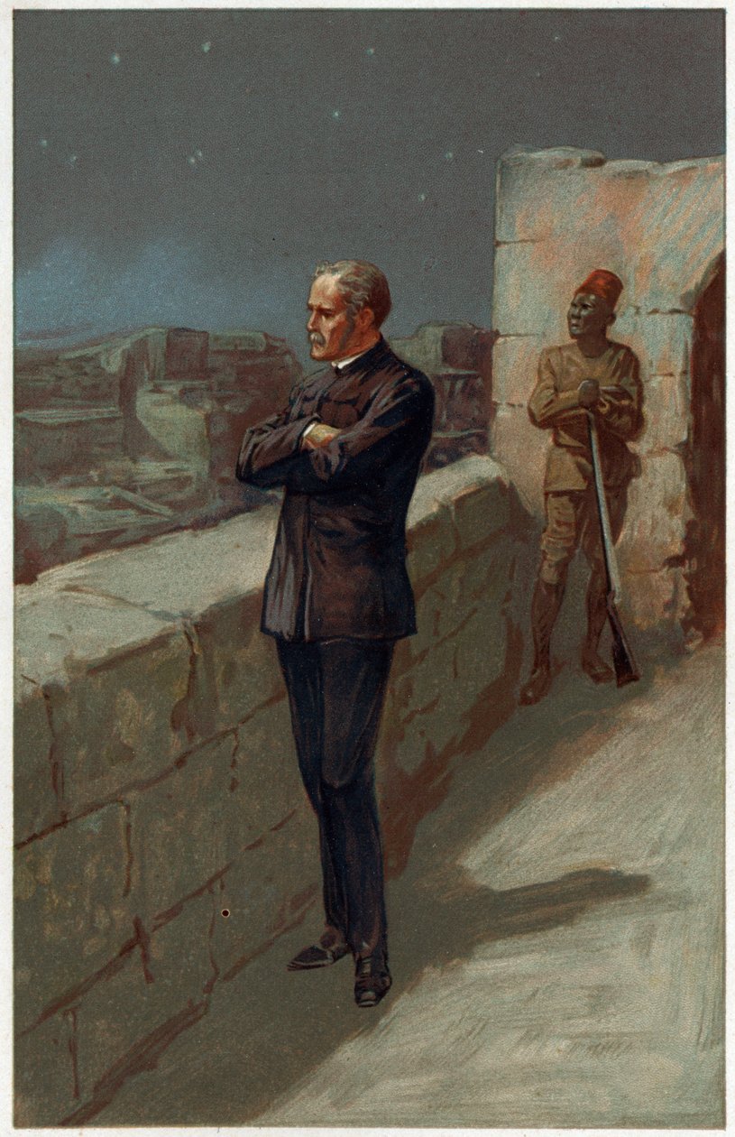 "Dag och natt såg Gordon efter hjälpen som aldrig kom", illustration från "Heroes & Heroines of English History" av Alice S. Hoffman (lito i färg) av Gordon Frederick (after) Browne