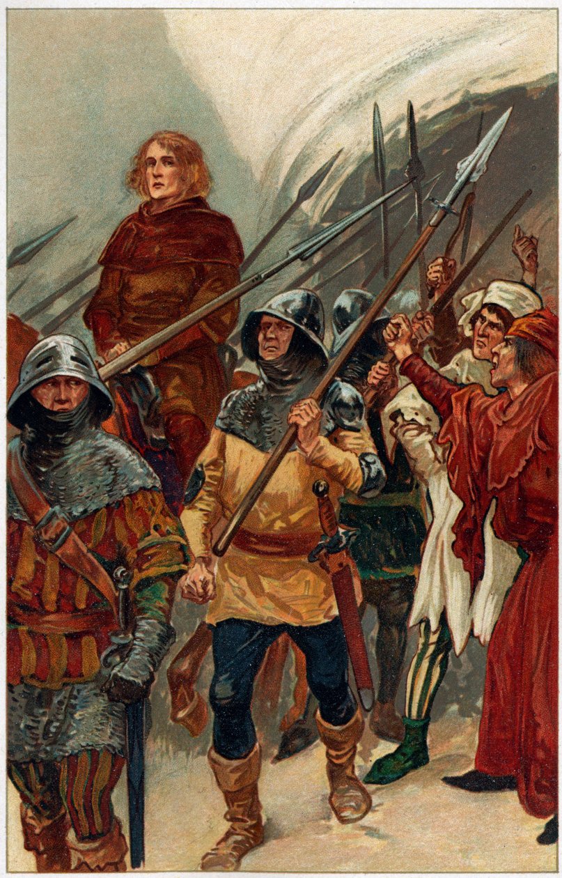 "Omgiven av beväpnade män fördes Wallace till Westminster Hall för att ställas inför rätta som förrädare", illustration från "Heroes & Heroines of English History" av Alice S. Hoffman (litho i färg) av Gordon Frederick (after) Browne