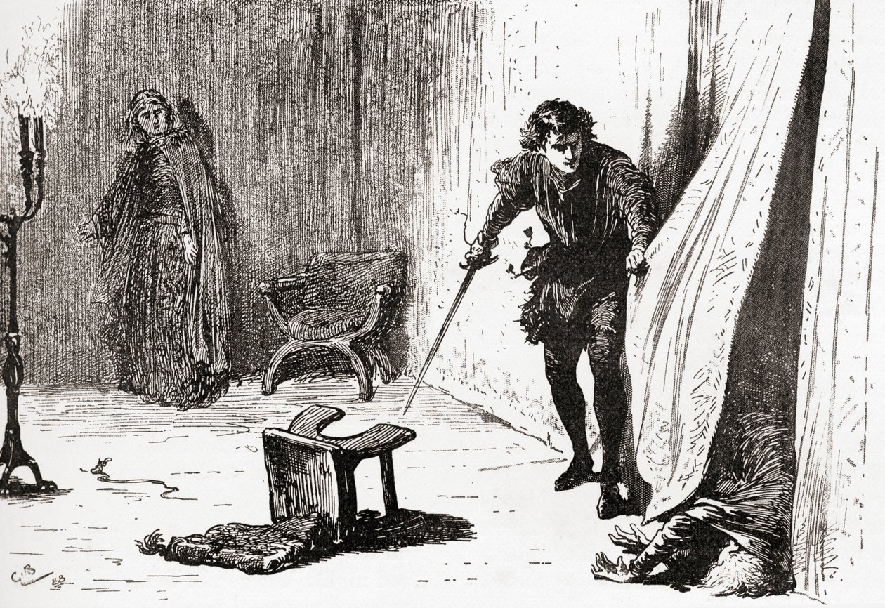En scen ur William Shakespeares pjäs Hamlet, akt III, scen 4, Hamlet: Du eländiga, förhastade, påträngande dåre, farväl! Jag tog dig för din bättre, från William Shakespeares verk, publicerat 189. av Gordon Frederick Browne