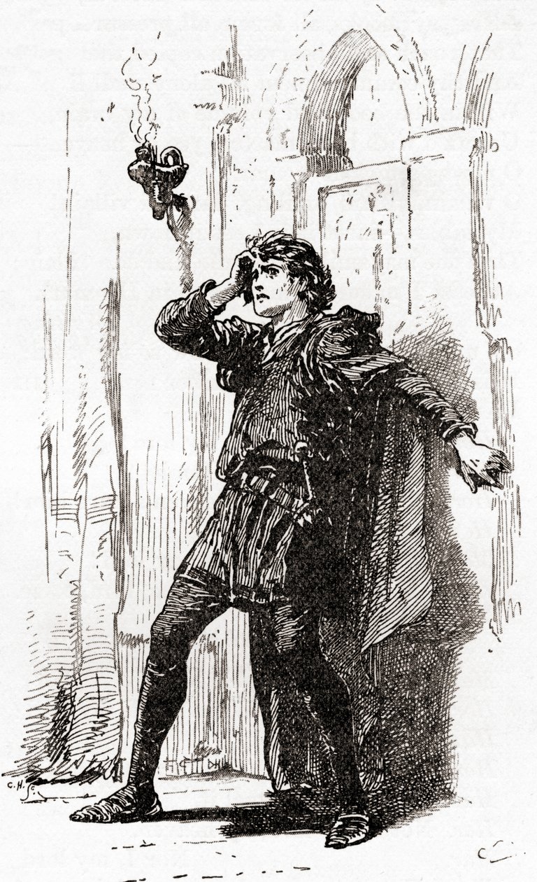 En scen ur William Shakespeares pjäs Hamlet, akt I, scen 5, Hamlet: Kom ihåg dig! Ja, du stackars spöke, så länge minnet har en plats i denna förvirrade värld, från The Works of William Shakespeare, pu av Gordon Frederick Browne