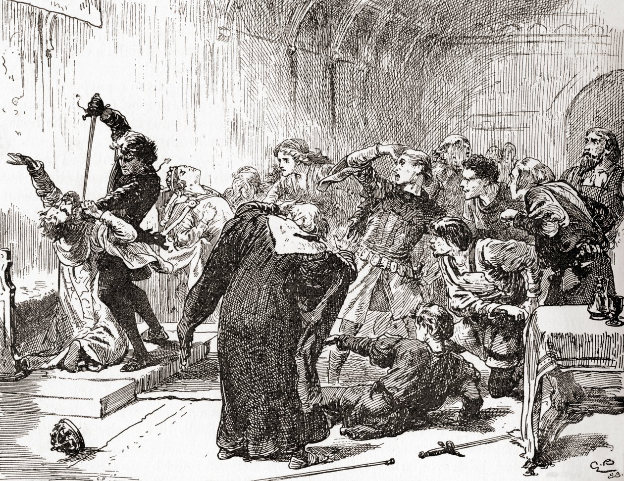 En scen ur William Shakespeares pjäs Hamlet, akt V, scen 2, Hamlet: Poängen är också förgiftad! Då, gift, till ditt arbete. (knivhugger kungen), ur The Works of William Shakespeare, publicerat 1896 (gravyr). av Gordon Frederick Browne