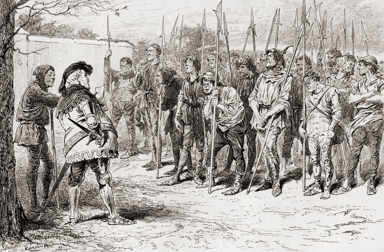 En scen från William Shakespeares pjäs Kung Henrik IV, del 1, akt IV, scen 2, Falstaffs raggarregemente, från The Works of William Shakespeare, publicerad 1896. av Gordon Frederick Browne