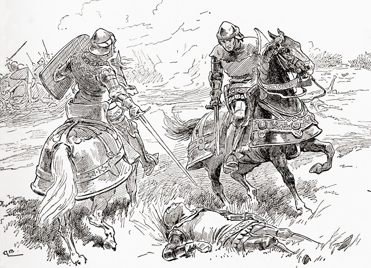 En scen från William Shakespeares pjäs Kung Henrik IV, del 1, akt V, scen 3, Earl of Douglas: Allt är gjort, allt är vunnet, här ligger kungen andfådd, från The Works of William Shakespeare, utgiven 1896. av Gordon Frederick Browne