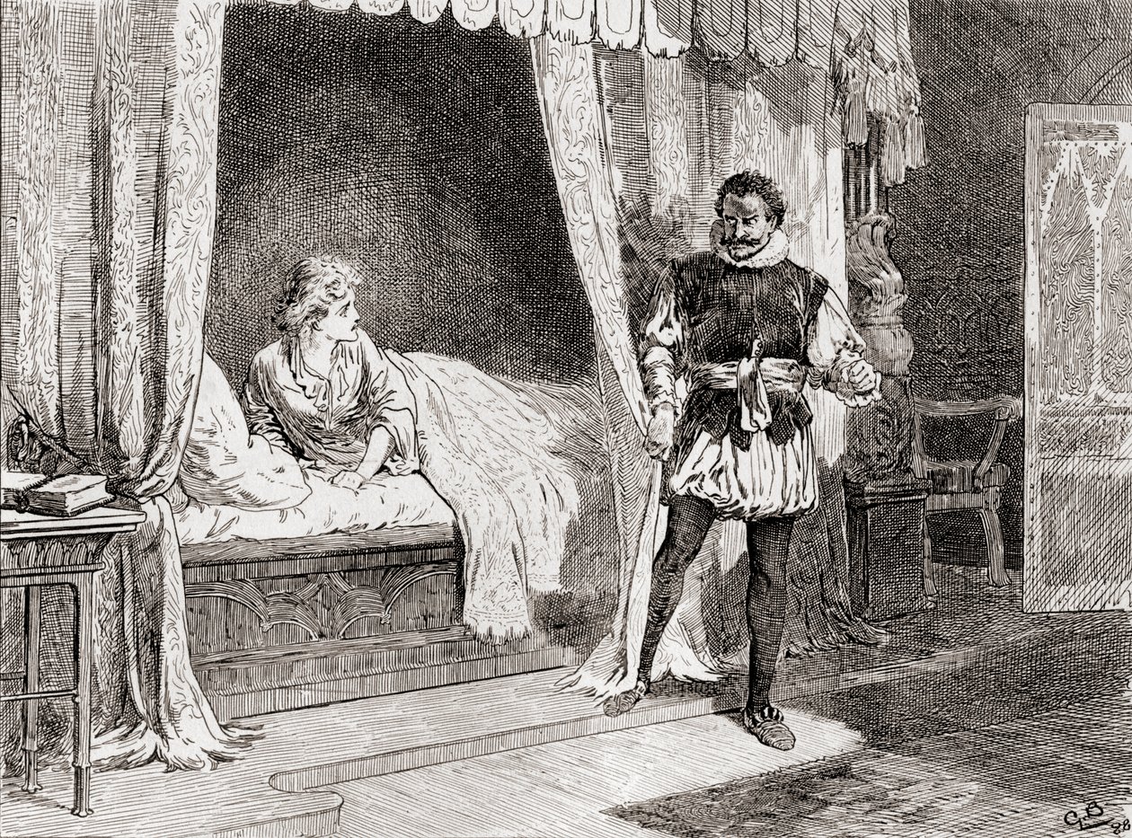 En scen ur William Shakespeares pjäs Othello Akt V, scen 2, Desdemona: Talar du om att döda? Othello: Ja, det gör jag, från The Works of William Shakespeare, utgiven 1896. av Gordon Frederick Browne