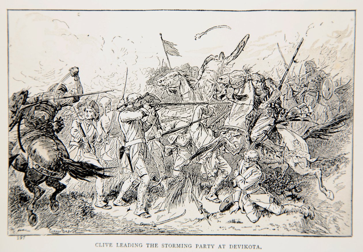 Clive leder stormfesten i Devikota, en illustration från "With Clive in India, or the Beginnings of an Empire" av G.A. Henty, pub. London, 1884 av Gordon Frederick Browne