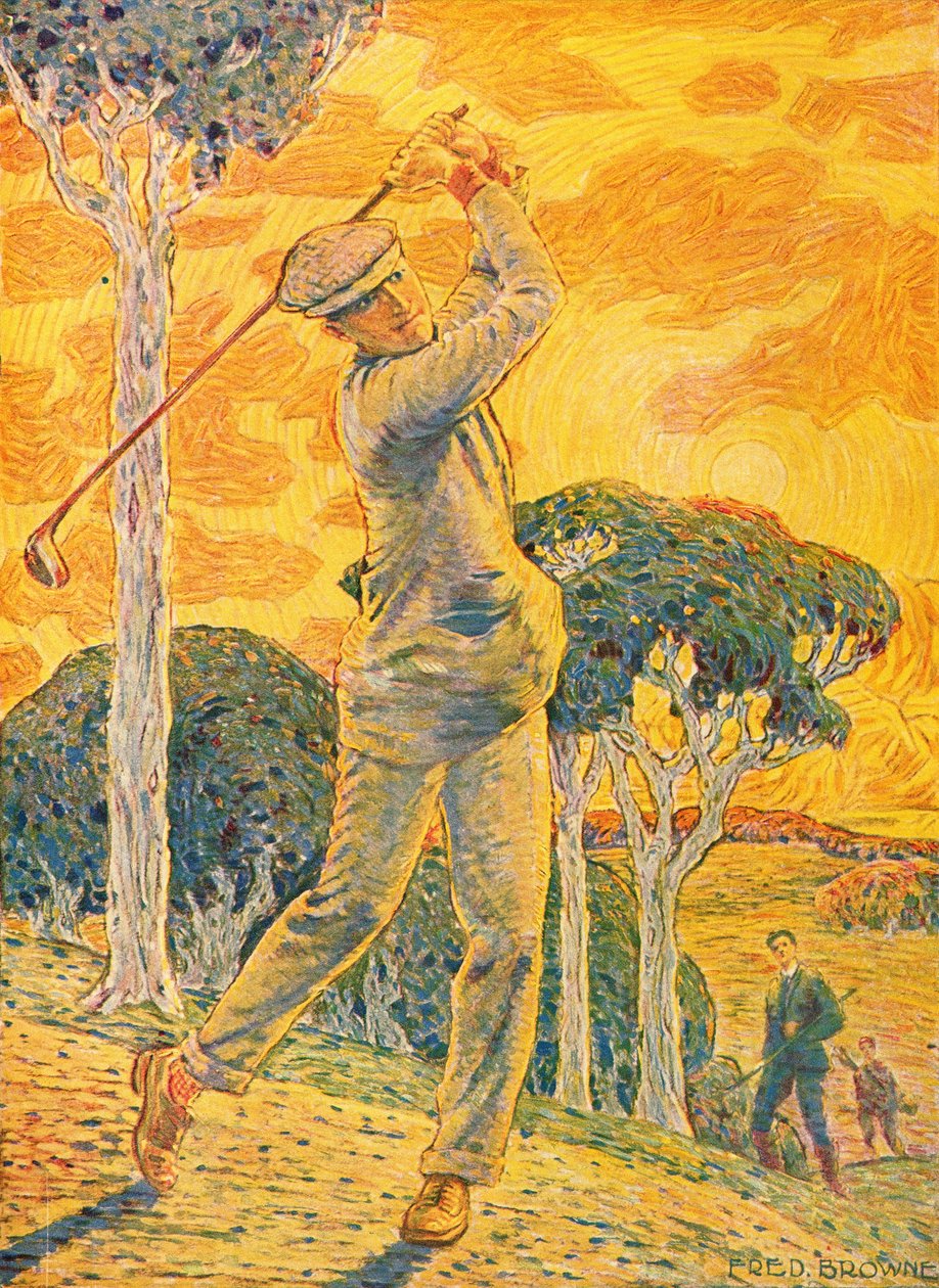 Golf, omslagsillustration för Vie au Grand Air, 15 september 1919 (färggravyr) av Gordon Frederick Browne