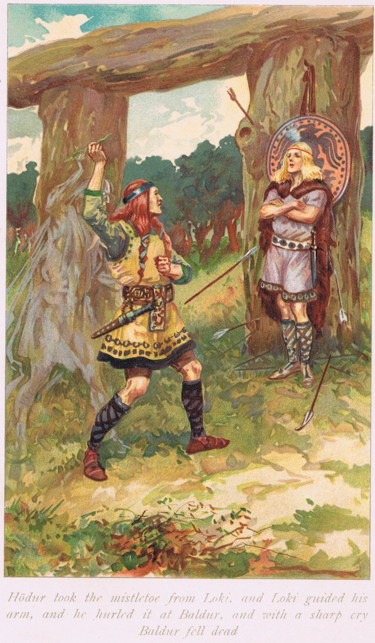 Hadur tog misteln från Loui, illustration från "The Book of Sagas" av Alice S. Hoffman, publicerad 1926 av Gordon Frederick Browne