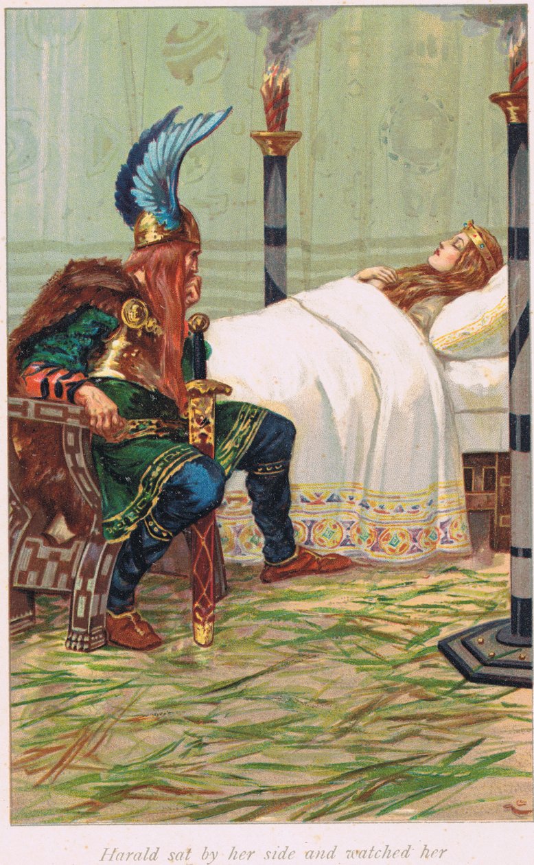 Harald satt vid hennes sida och tittade på henne, illustration från "The Book of Sagas" av Alice S. Hoffman, publicerad 1926 av Gordon Frederick Browne