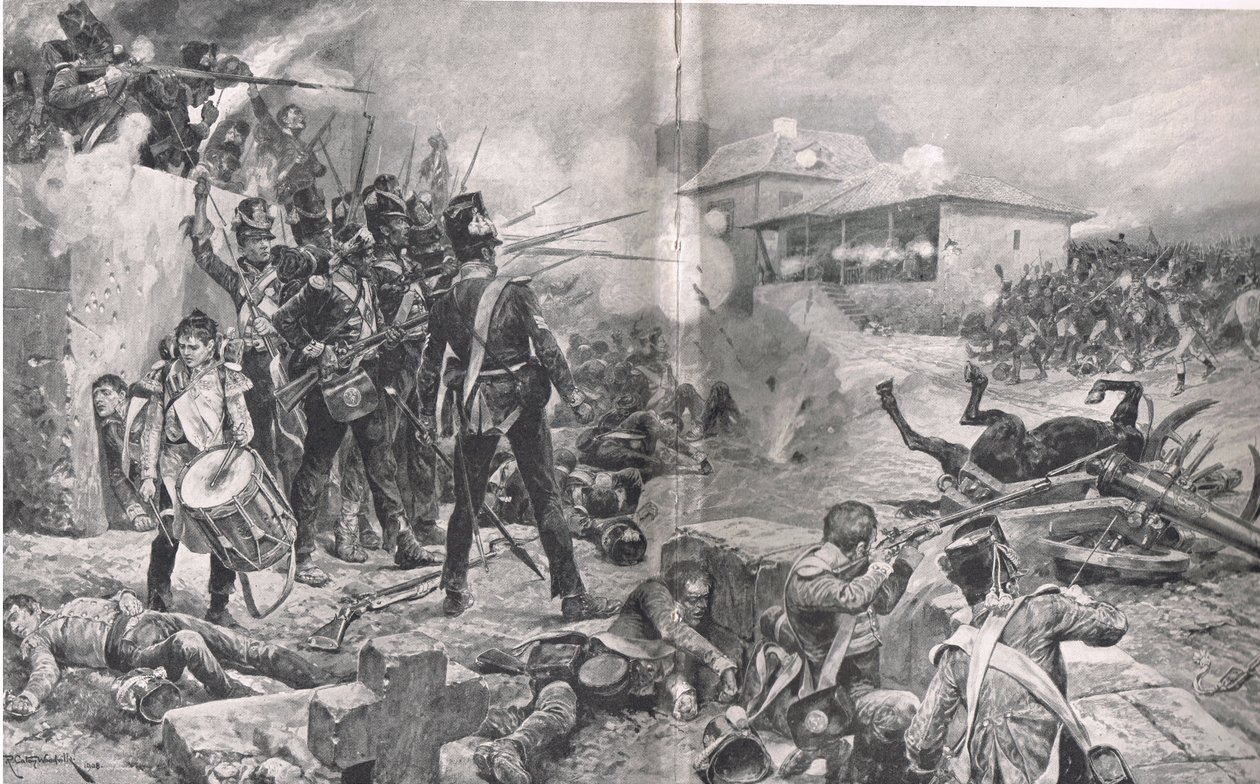 Hur 57:e regementet fick smeknamnet "The Die Hards" i slaget vid Albuera den 16 maj 1811, illustration från "British Battles on Land and Sea", utgiven av Cassell, London, omkring 1910. av Gordon Frederick Browne