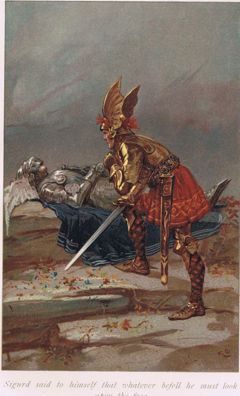 Sigurd sade till sig själv att vad som än hände, måste han se på ansiktet, illustration från "The Book of Sagas" av Alice S. Hoffman, publicerad 1926. av Gordon Frederick Browne