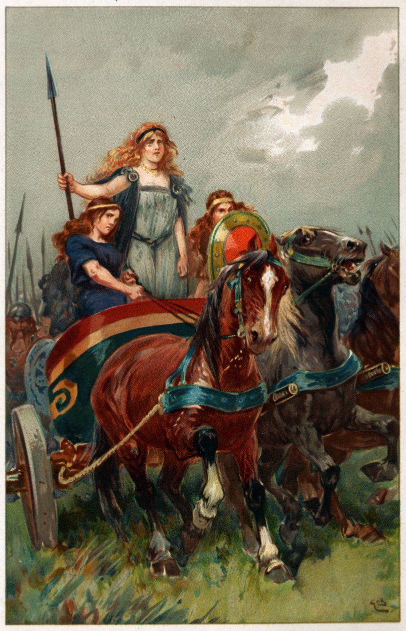 "Boadicea ledde dem till angrepp med spjutet i handen", illustration från "Heroes und Heroines of English History" av Alice S. Hoffman. av Gordon Frederick Browne