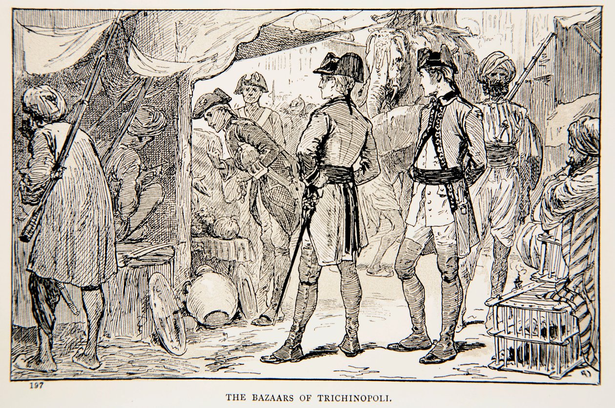 The Bazaars of Trichinopoli, en illustration från "With Clive in India, or the Beginnings of an Empire" av G.A. Henty, pub. London, 1884 av Gordon Frederick Browne