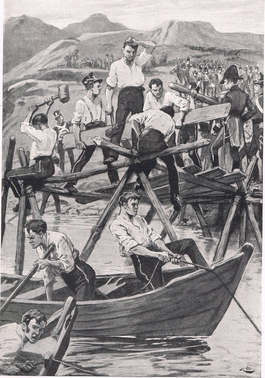 The Construction of the Bridge over Guadiana, 3 april 1811, illustration från 