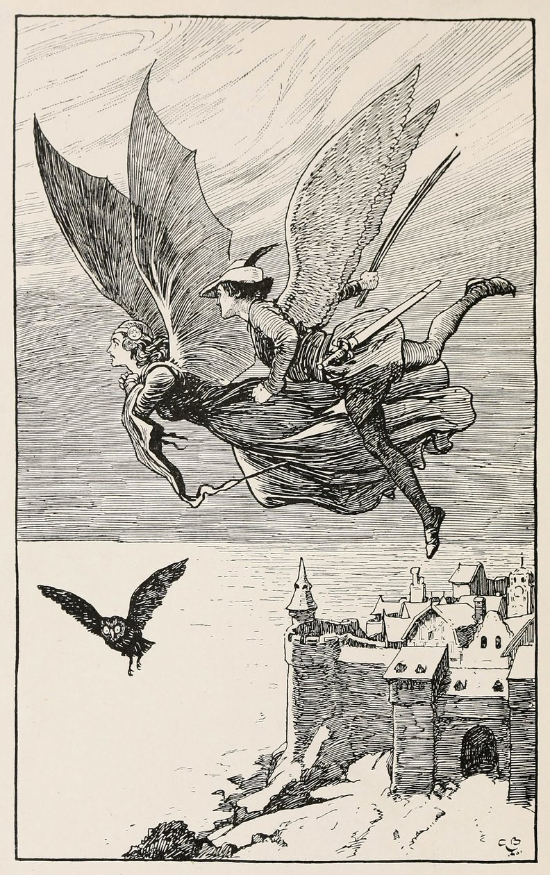 Reskamraten flög bakom henne, från Fairy Tales from Hans Anderson, pub 1919 (gravyr) av Gordon Frederick Browne