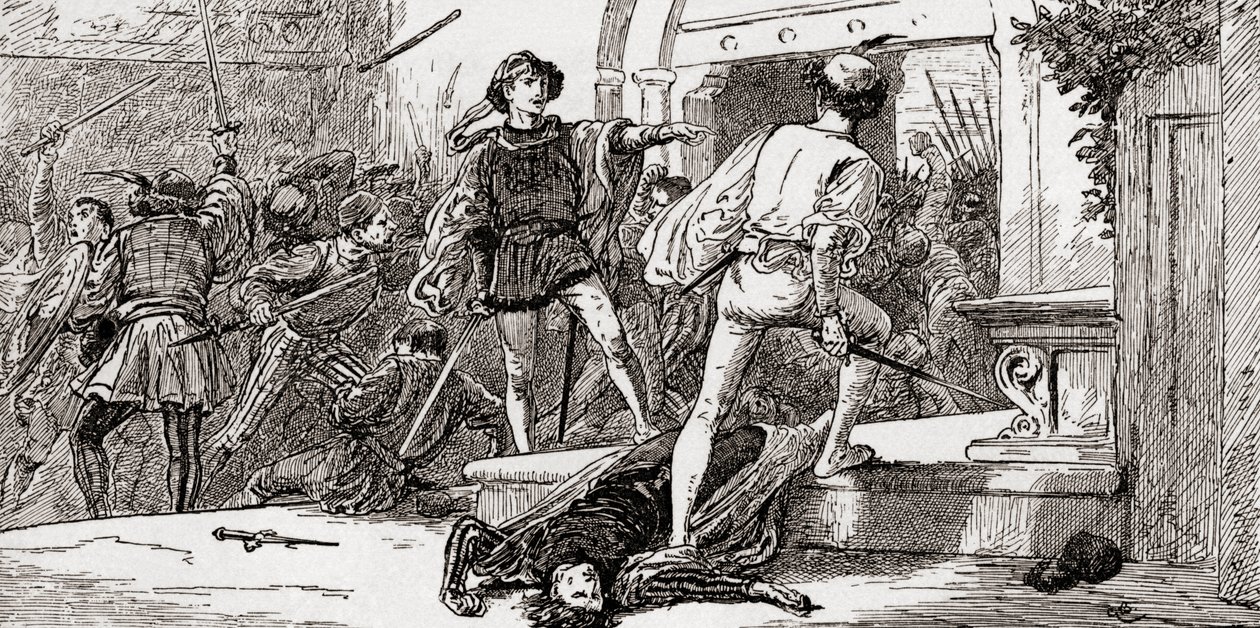 Tybalt dödad av Romeo, scen från William Shakespeares Romeo och Julia, akt III, scen 1, från The Works of William Shakespeare, publicerad 1896. av Gordon Frederick Browne
